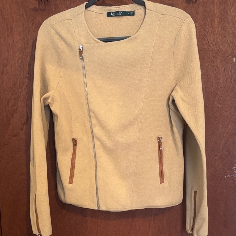 Ralph Lauren Cotton Knit Fitted Cardigan / Jacket Asymmetrical Zipper Tan Size L